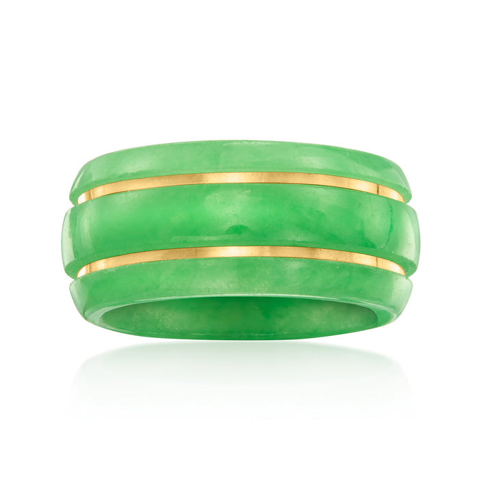Green jade-style ring with two 14kt yellow gold inlay bands