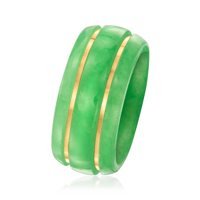 Green jade-style band ring with raised 14kt yellow gold edges