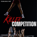 Hint image for the August 'Killer Competition' box with the text 'Young Adult Hint' in the top left. The design features a high-contrast black background with a cheerleader mid-air in a red skirt and white socks, with other cheerleaders' hands reaching up below.