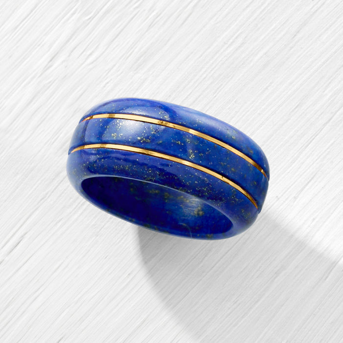 Lapis blue oval ring with two gold inlay bands