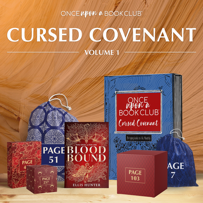 a blue and red Once Upon a Book Club box and hardcover copy of Blood Bound surrounded by 5 wrapped gifts which will be labeled with page numbers to only open when you reach the corresponding page.