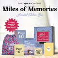 A hardcover, exclusive edition of "Say You'll Remember Me" by Abby Jimenez stands next to a purple "Miles of Memories" box surrounded by wrapped gifts labeled with page numbers.