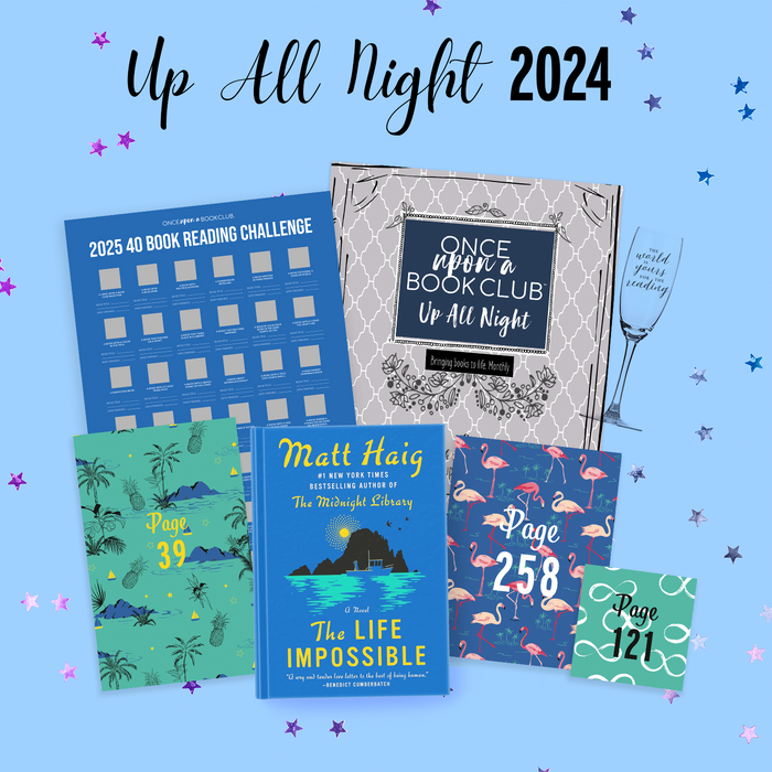 A hardcover copy of "The Life Impossible" by Matt Haig sits in front of three wrapped gifts labeled with page numbers, a blue 2025 40 Book Reading Challenge Scratch-Off Card, a champagne flute, and a silver and navy book club box on a blue background scattered with stars.