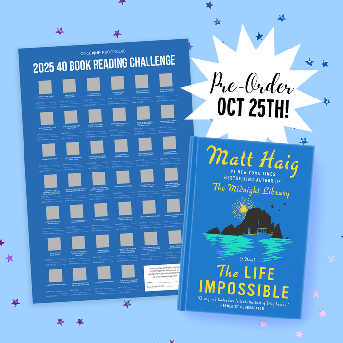 A hardcover copy of "The Life Impossible" by Matt Haig sits next to the 2025 Reading Challenge Scratch-Off Card on a blue background scattered with stars.