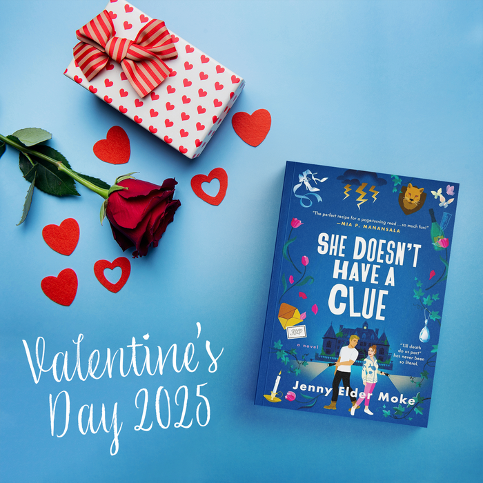 A Valentine's Day-themed image with a red rose, heart-shaped confetti, a gift box, and the book "She Doesn't Have a Clue" by Jenny Elder Moke.