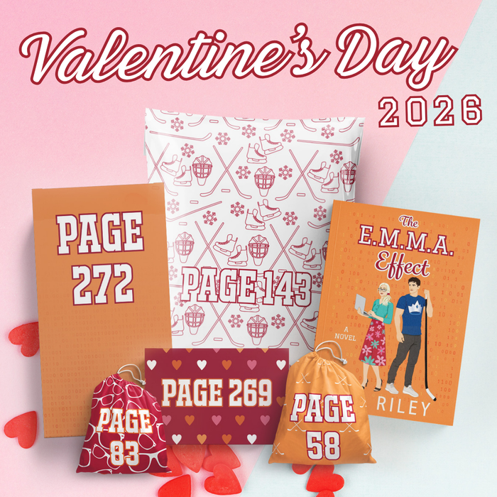 Valentine's Day box 2026 including The E.M.M.A. Effect by Lia Riley plus five wrapped gifts labeled with page numbers.