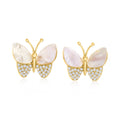 Butterfly stud earrings with mother-of-pearl wings and gold-toned CZ detail
