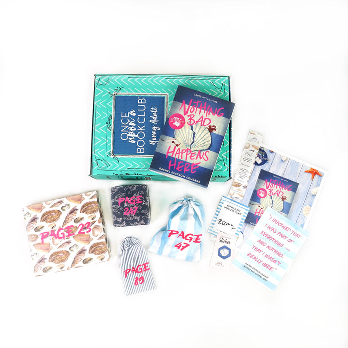 A paperback edition of Nothing Bad Happens Here stands on a green OUABC box. In front of the box are four themed wrapped gifts that match the book cover labeled with page numbers.