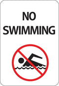 No Swimming sign with red prohibition symbol over swimmer icon, safety warning for pools or water areas