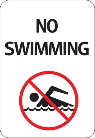 No Swimming sign with red prohibition symbol over swimmer icon, safety warning for pools or water areas