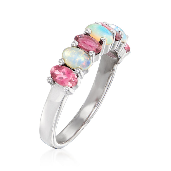 Sterling silver gemstone ring, oval opal center and pink side stones in prong settings