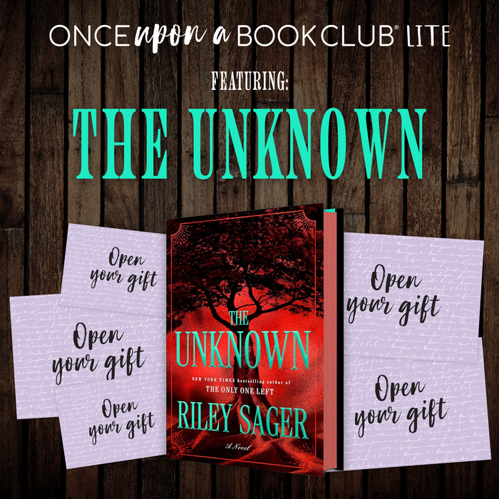 Promotional graphic for the Lite box featuring the book 'The Unknown' by Riley Sager, showing the book cover centered between five purple envelopes that each read 'Open your gift.'