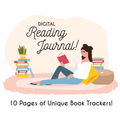 Illustration promoting a digital reading journal, 10 pages of book trackers and reading tools.
