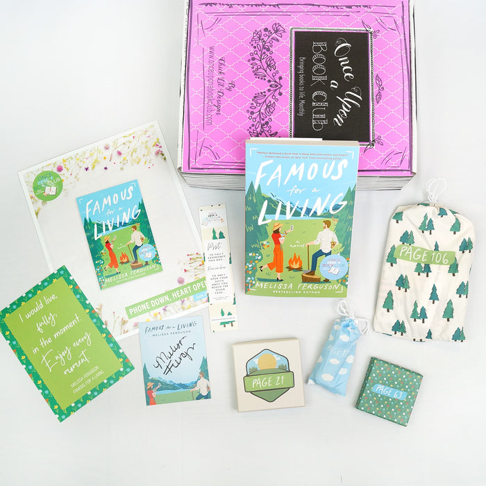 Once Upon a Book Club box featuring Famous for a Living book, gifts, bookmark, and a signed card.