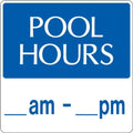 Blue and white pool hours sign with blank time slots for custom hours