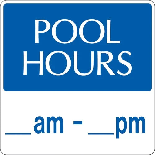 Blue and white pool hours sign with blank time slots for custom hours