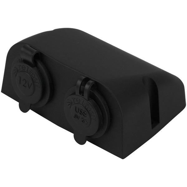 Relaxn 12V Surface Mount Black USB/Cigarette Charger Outlet Combo - 110(W) x 80(H) x 50(D)mm