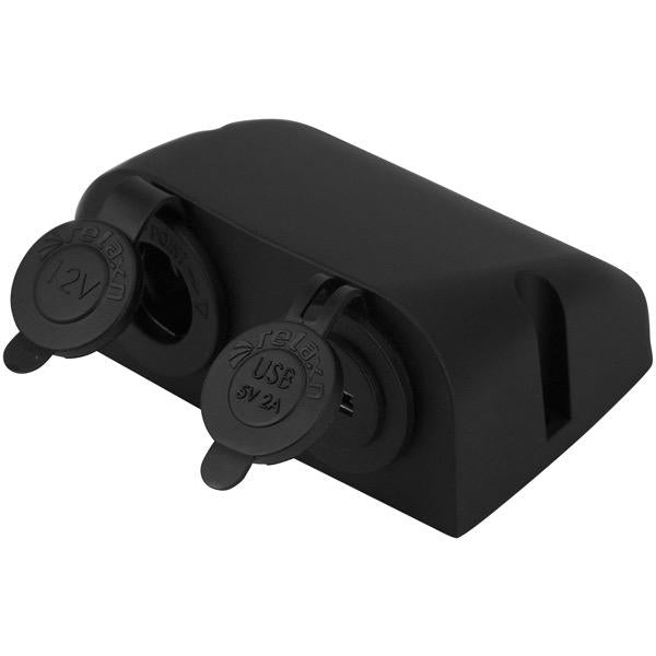 Relaxn 12V Surface Mount Black USB/Cigarette Charger Outlet Combo - 110(W) x 80(H) x 50(D)mm