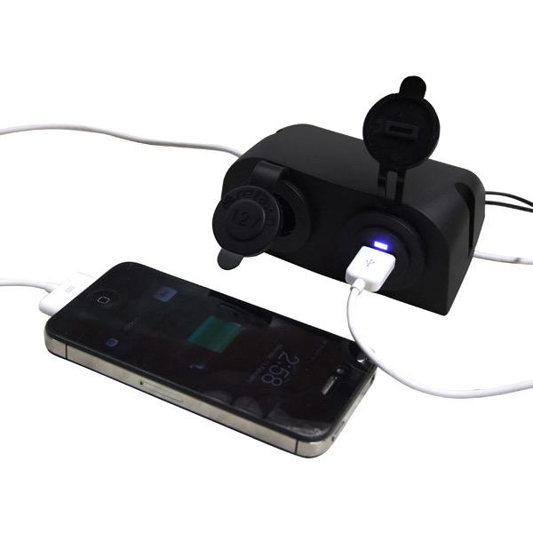 Relaxn 12V Surface Mount Black USB/Cigarette Charger Outlet Combo - 110(W) x 80(H) x 50(D)mm