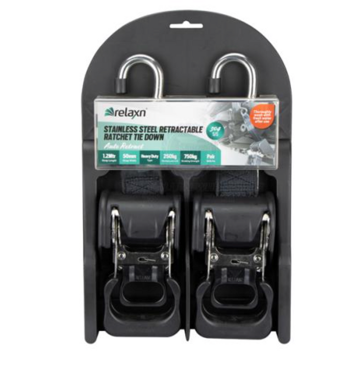 RELAXN RATCHET TIE DOWN - STAINLESS STEEL - RETRACTABLE - Bosuns Boat