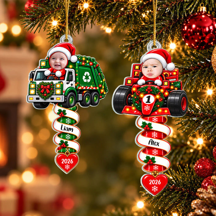 Santa's Little Construction Crew - Personalized Acrylic Ornament, Custom Kid Face Truck Ornament, Gift For Kids