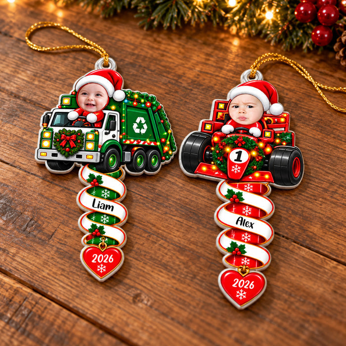 Santa's Little Construction Crew - Personalized Acrylic Ornament, Custom Kid Face Truck Ornament, Gift For Kids