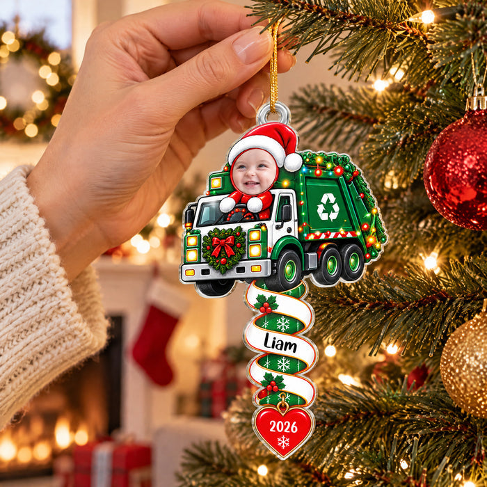 Santa's Little Construction Crew - Personalized Acrylic Ornament, Custom Kid Face Truck Ornament, Gift For Kids