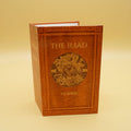 a fan shaped like the book The Iliad sits against a yellow background