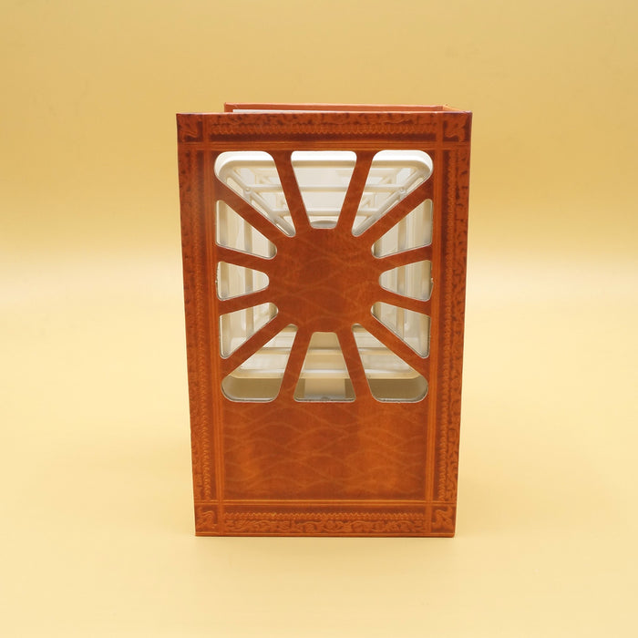 the back of a fan shaped like the book The Iliad sits against a yellow background