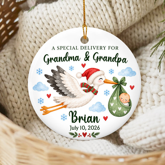 Special Delivery For Grandparents - Personalized Ceramic Ornament, Gift For New Baby, Expecting Parents, Grandparents