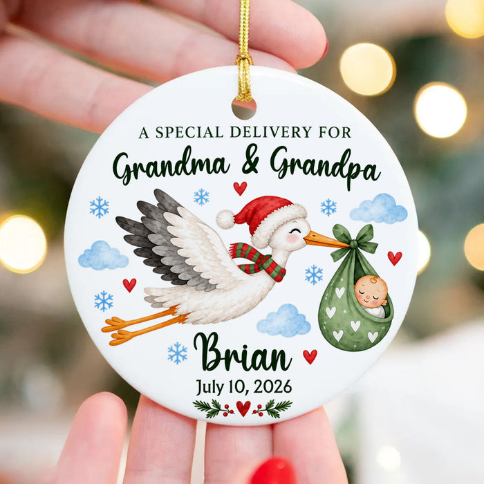 Special Delivery For Grandparents - Personalized Ceramic Ornament, Gift For New Baby, Expecting Parents, Grandparents