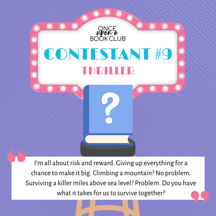 Contestant #9 thriller-themed graphic with a question-marked book and text about risk and survival.