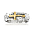 Sterling silver ring with sideways yellow gold cross centerpiece