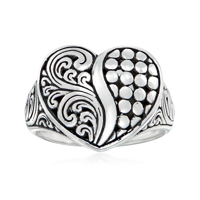Sterling silver heart ring with Bali-style swirl engraving and textured dotted heart panel