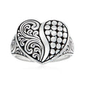 Sterling silver heart ring with Bali-style swirl engraving and textured dotted heart panel