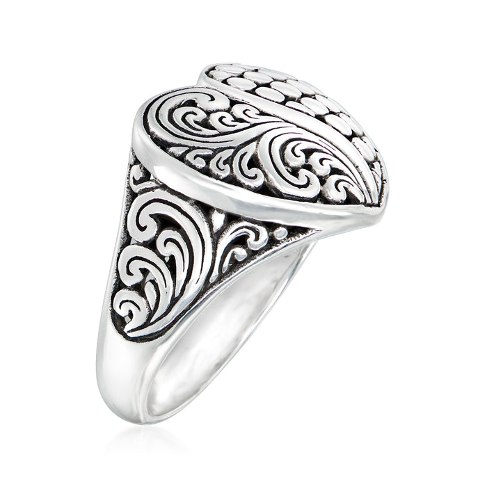 Sterling silver heart ring with Bali-style swirls and faceted textured heart top