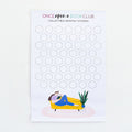 Once Upon a Book Club collectible sticker poster with hexagon slots and a cozy reading illustration.