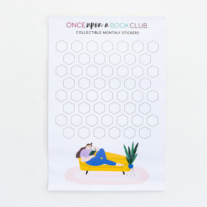 Once Upon a Book Club collectible sticker poster with hexagon slots and a cozy reading illustration.