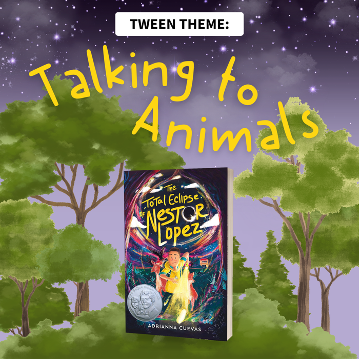 Book titled 'The Total Eclipse of Nestor Lopez' by Adrianna Cuevas with a forest background and text 'TWEEN THEME: Talking to Animals'.