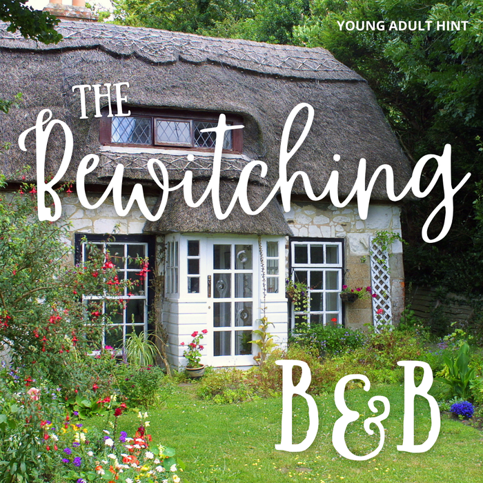 Thatched cottage with garden and 'The Bewitching B&B' young adult hint text overlay