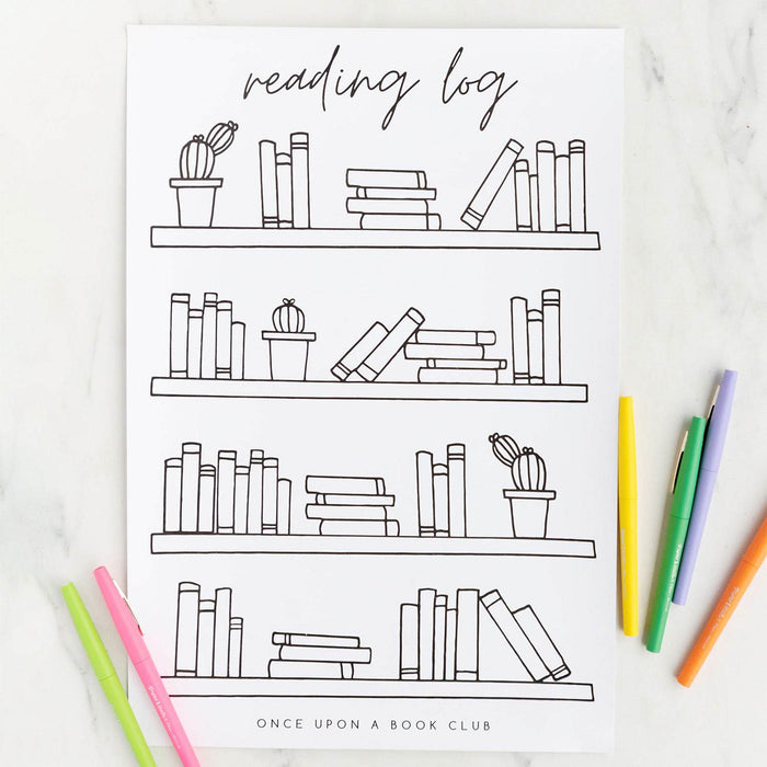 Reading log poster featuring outlined bookshelves with books and potted cacti with colorful markers.