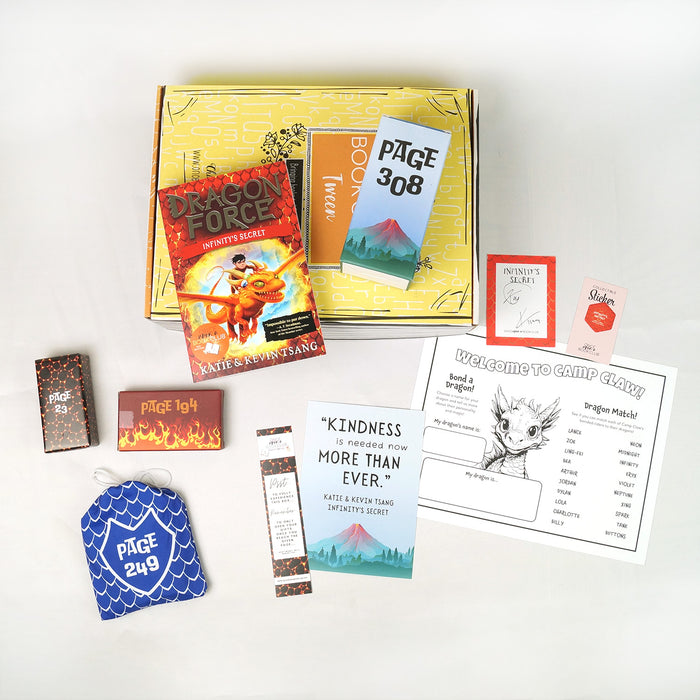 A paperback copy of Dragon Force: Infinity's Secret by Katie & Kevin Tsang surrounded by wrapped gifts labeled with page numbers and paper items.