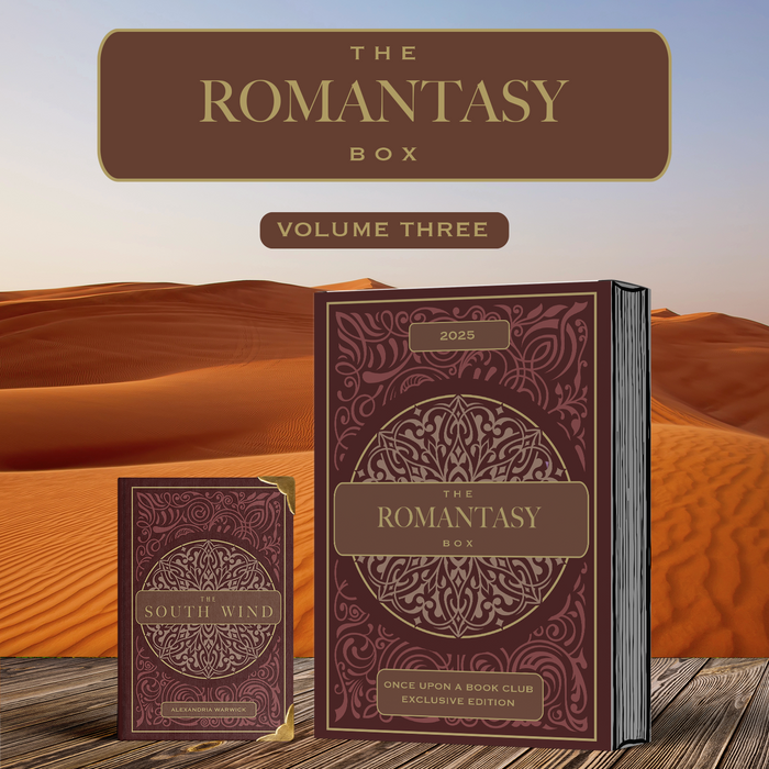 The Romantasy Box Volume 3 featuring The South Wind by Alexandria Warwick in red and gold tones. The box and book sits in front of a desert background.