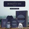 Collection of 'The Romantasy Box' Volume Four items with decorative packaging against a scenic background.