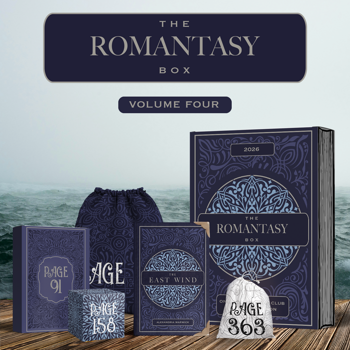 Collection of 'The Romantasy Box' Volume Four items with decorative packaging against a scenic background.