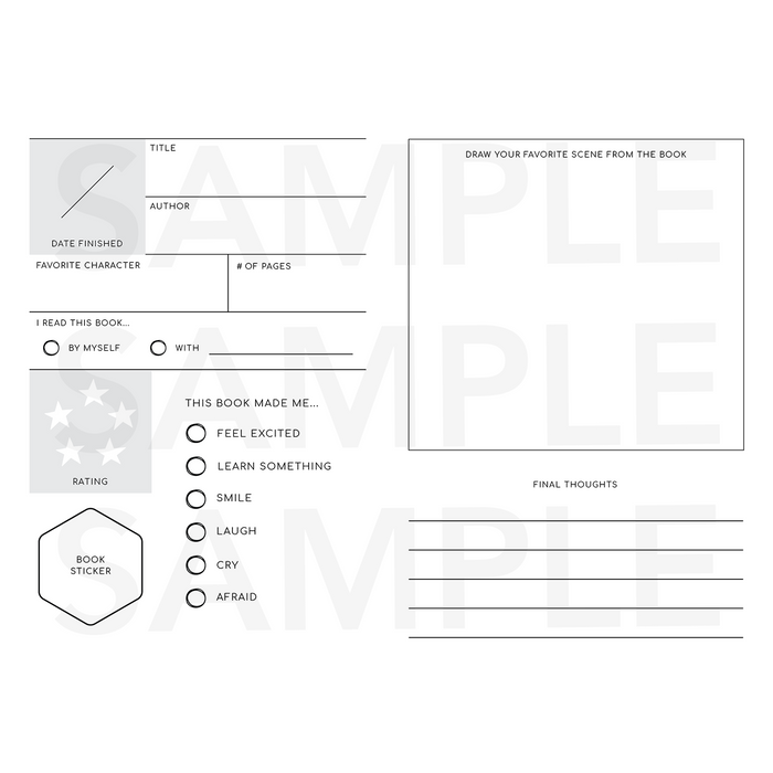 Printable book journal page with sections for favorite scenes, thoughts, ratings, and emotions.