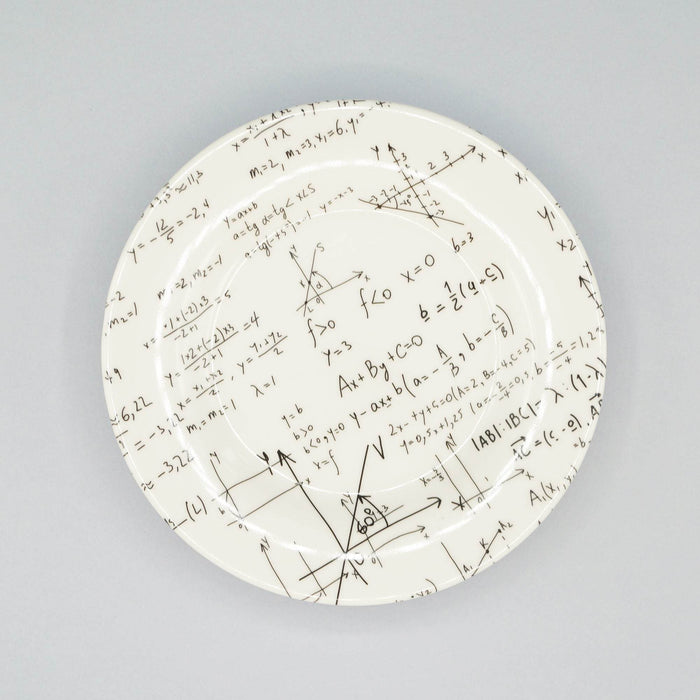 A white sushi plate with black equations on it