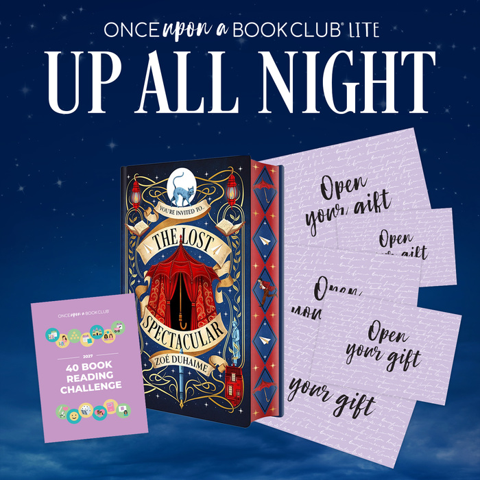 A digital mockup of the Up All Night Lite box contents including five open your gift envelopes, the 40 Book Reading Challenge booklet, and a hardcover deluxe edition copy of The Lost Spectacular by Zoé Duhaime!