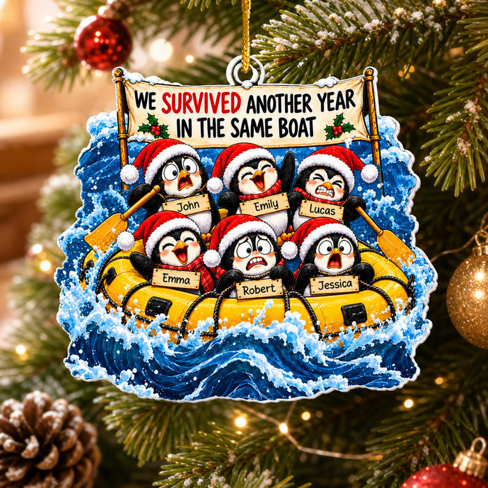 We Survived Another Year In The Same Boat - Personalized Acrylic Ornament, Penguin Life Raft Coworker Christmas