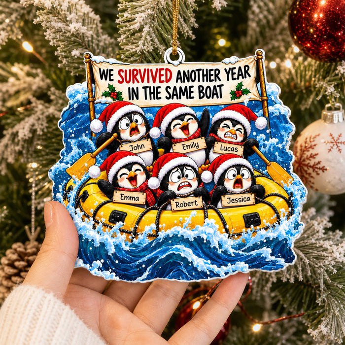 We Survived Another Year In The Same Boat - Personalized Acrylic Ornament, Penguin Life Raft Coworker Christmas